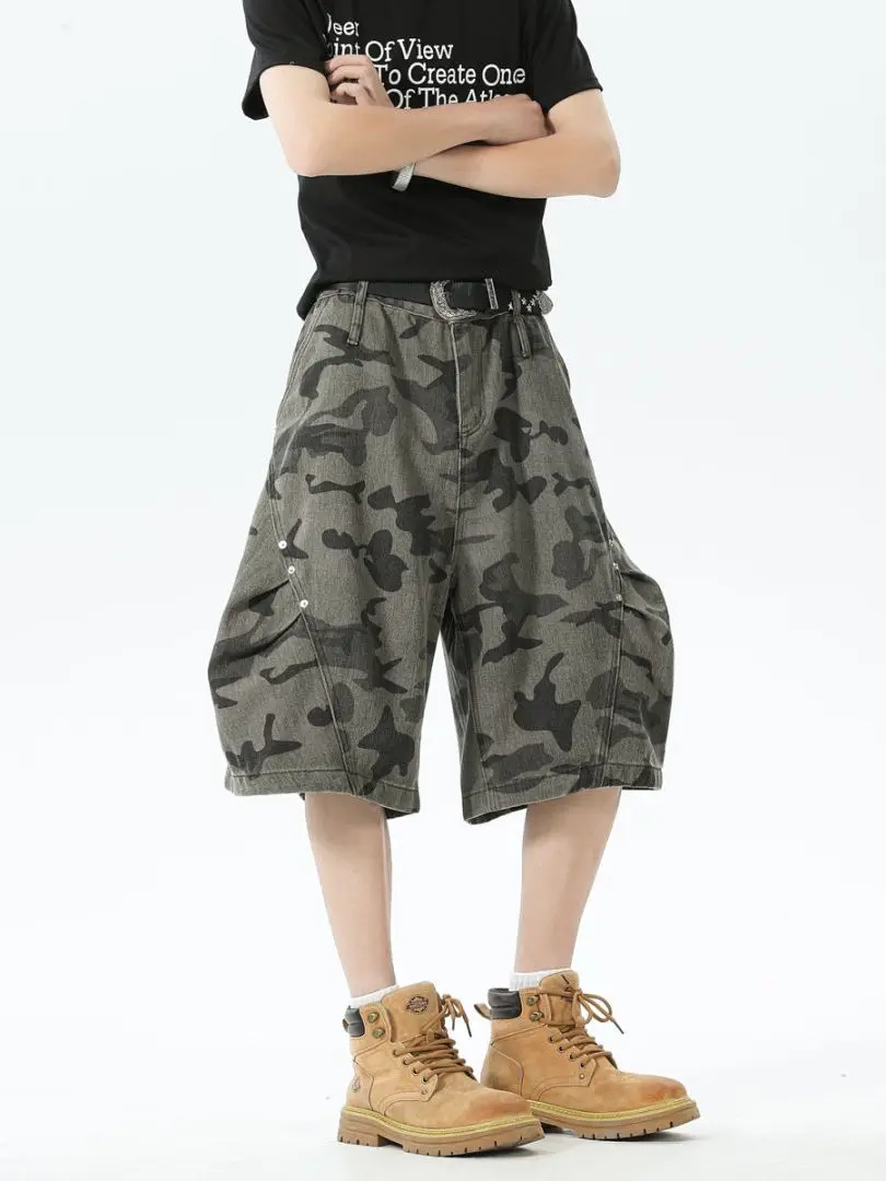 

Винтажные камуфляжные плиссированные мужские шорты в американском ретро-стиле, летние, свободного кроя, широкие, повседневные брюки-капри