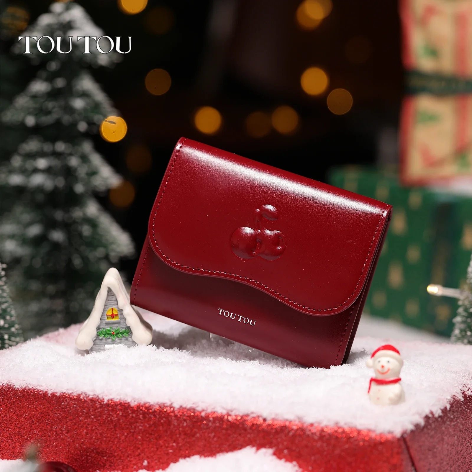 TOUTOU Cherry Leather Wallet for Women High End New Year Red Card Bag Short Edition Cute Clutch Purse Girl Valentine's Day Gift