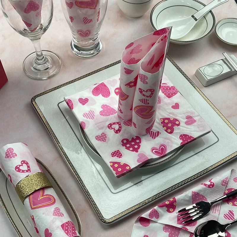 10/20pcs 33cm 2-Ply Hot Love Model Pink Heart Napkin Wedding Table Square Napkin Valentine's Day Decoration Paper Placemat