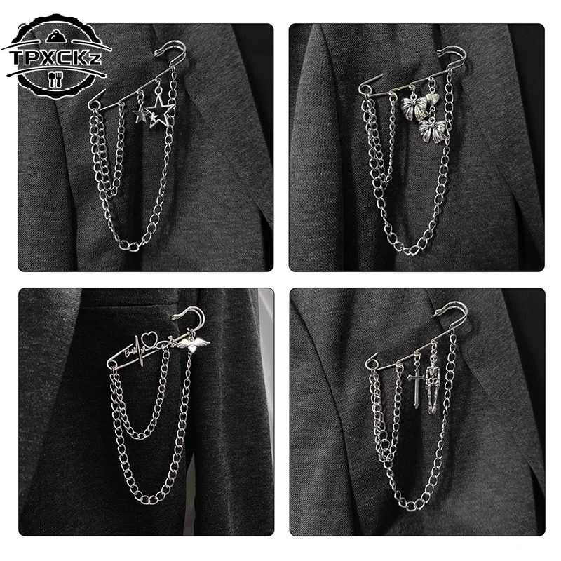 Fashion Creative Heart Angel Wings Chain Brooch For Women Men Suit Decoration Tassel Chain Pin Clothing Accessories Gifts