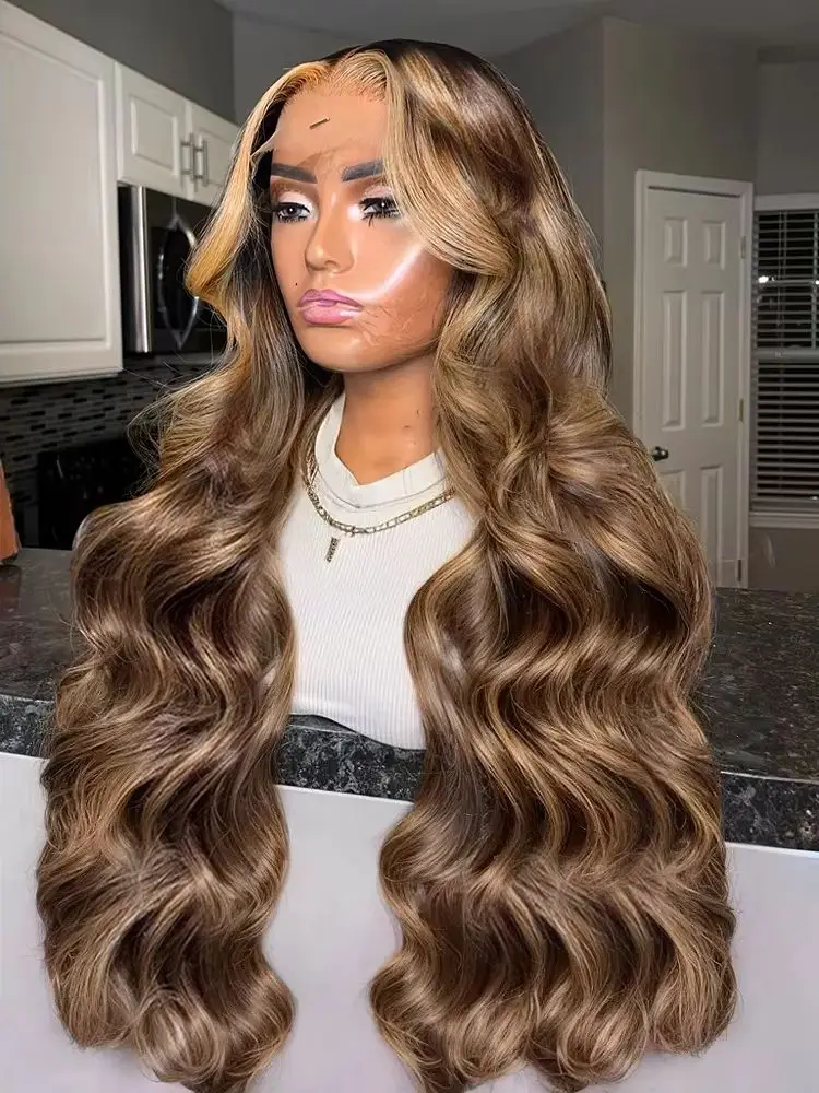 

30 40Inch 250 Density 4/27 Highlight Ombre Blonde Body Wave 13x4 Lace Front Wig Brown Color 13x6 HD Lace Frontal Human Hair Wigs