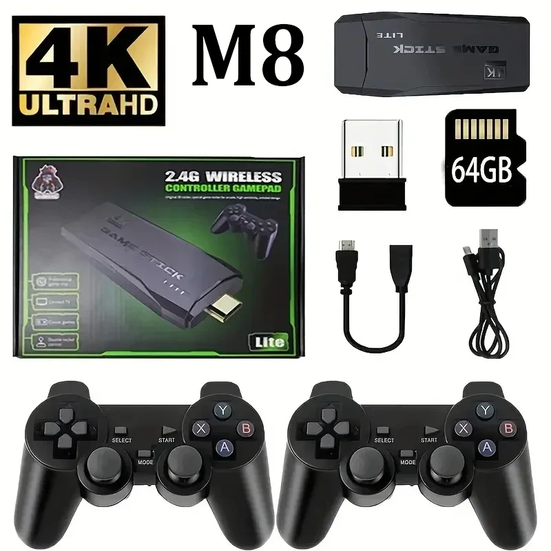 M8 Game Console Built-in 20000 + 64GB Two-person Wireless Controller 2.4G Stick 4K HD PS1 GBA Video Children's Christmas Gift