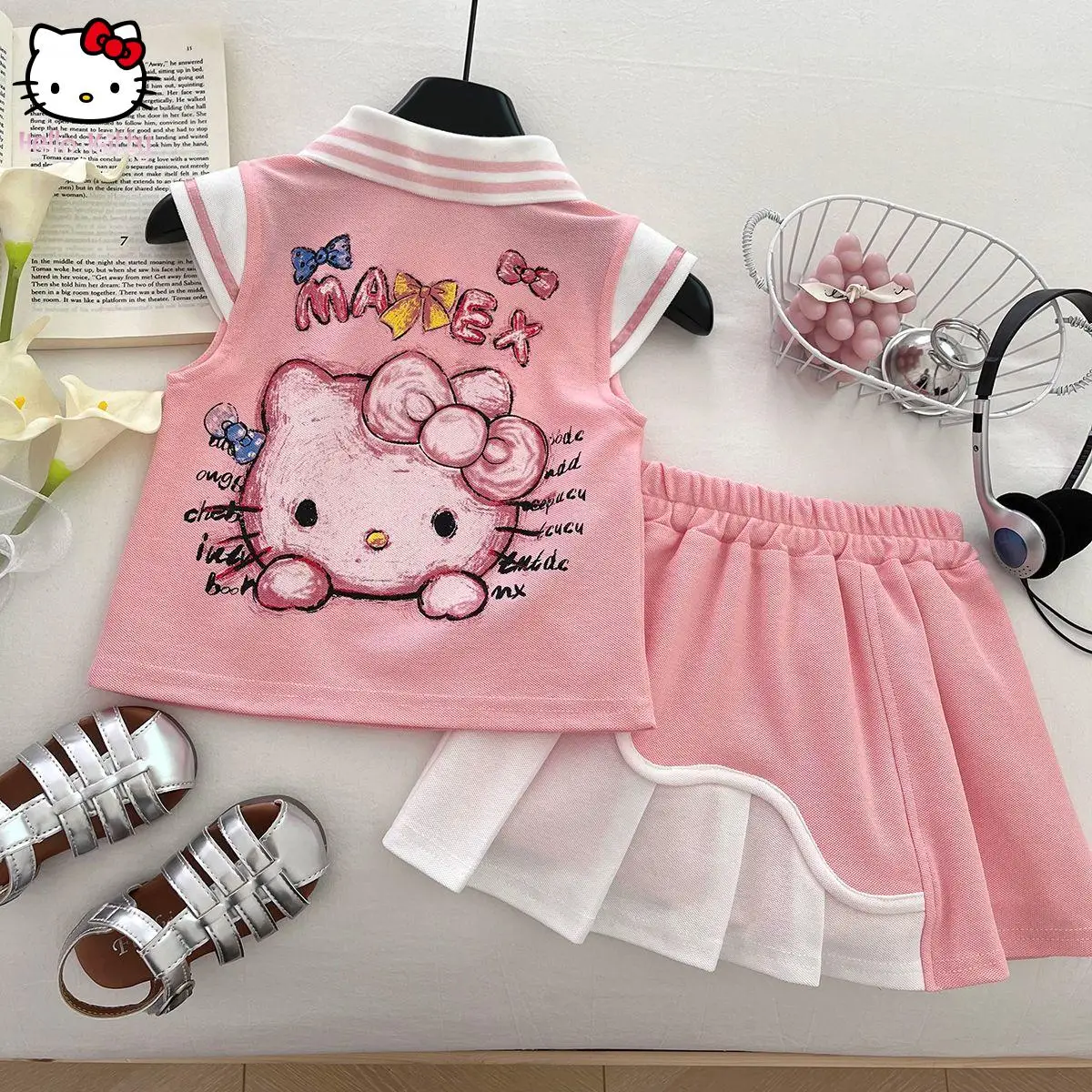 

Sanrio Hello Kitty костюм для девочек рубашка поло без рукавов плиссированная юбка комплект из двух предметов Jk студенческий стиль мультяшный комплект из двух предметов аниме
