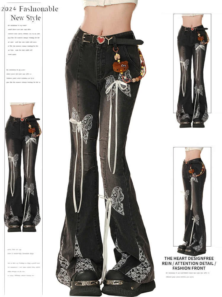 

Осень-зима 2022, женские дизайнерские расклешенные джинсовые брюки с низкой посадкой, кружевные узкие джинсы в стиле гранж Y2k, японские джинсы в стиле Харадзюку, расклешенный низ