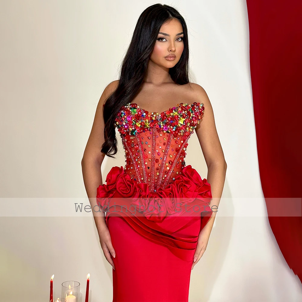 Luxury Evening Dress Crystal V Neck Red Satin Illusion Column Evening Gowns for Women 3D Flowers Ruffle Sexy Prom Dresses Long