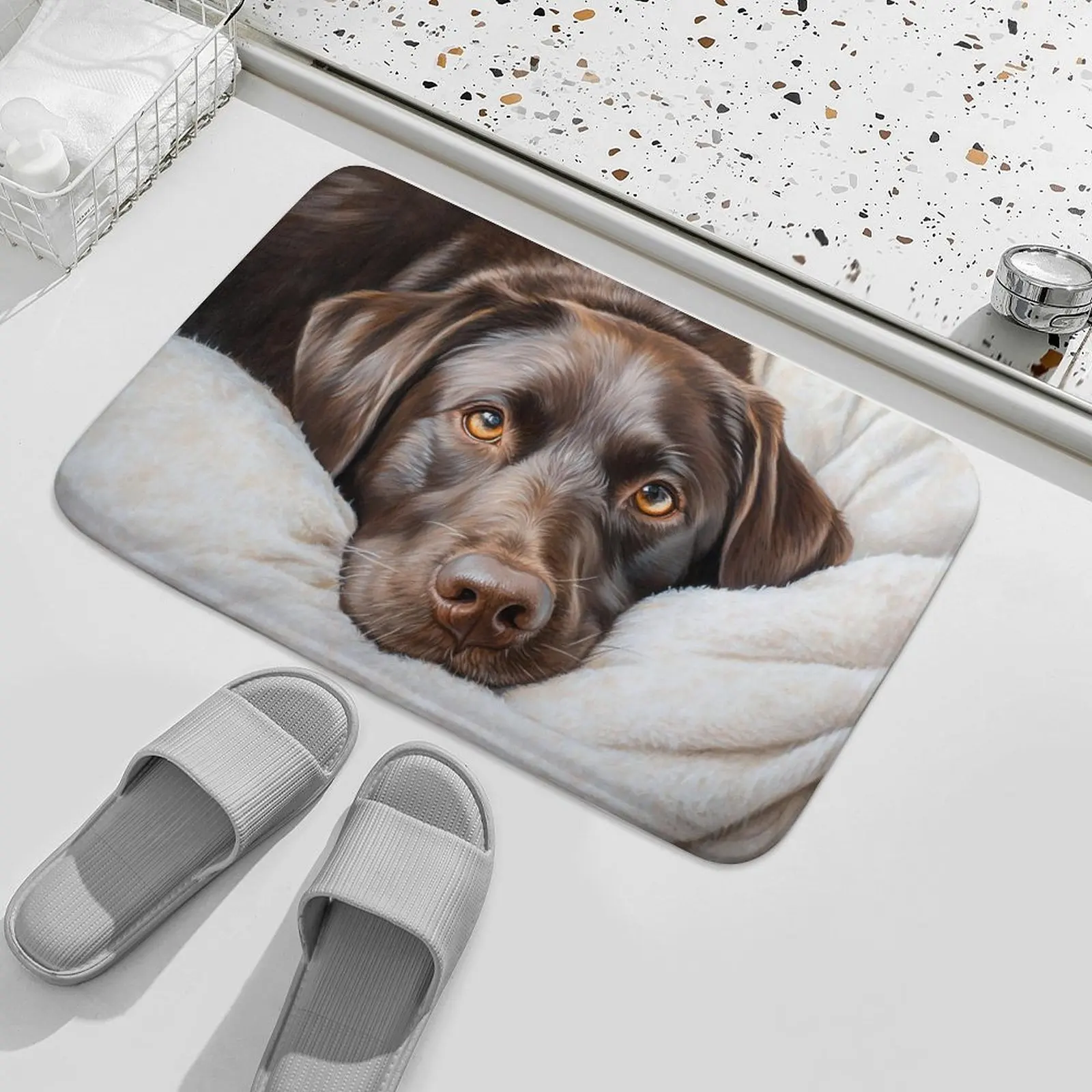 1pc [] Chocolate Labrador Realistic Painting Doormat, Plush Flannel Polyester Floor Mat, Non-Slip Rubber Bottom, Machine Washabl