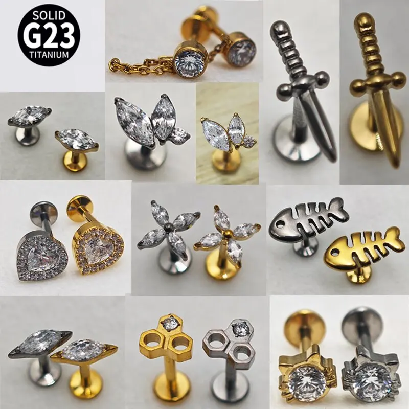 1Pc ASTM F136 G23 Titanium Threadless Piercing Pin Push in labret with clear gem Tongue Ring Earrings 16G Cartilage Body Jewelry