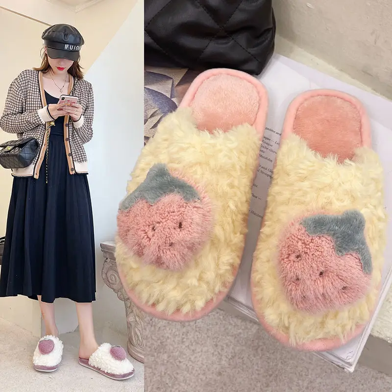 Lovely Strawberry Fluffy Fur Home Slippers Women Winter Warm Plush Furry Thick Platform Slides Kawaii Cute Carrot Shoes