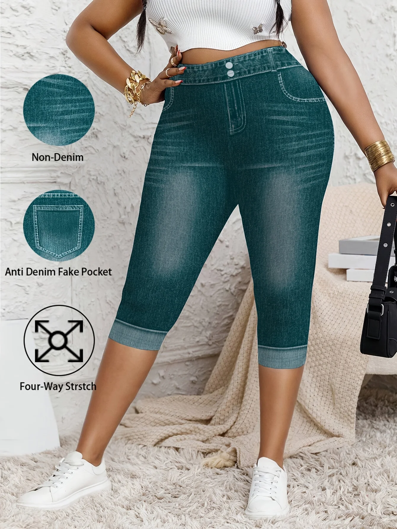 

Plus Size High Waist Capri Pants, Sleek Faux Denim 3/4 Leggings, Stretchy Slimming Summer Cropped Trousers for Women