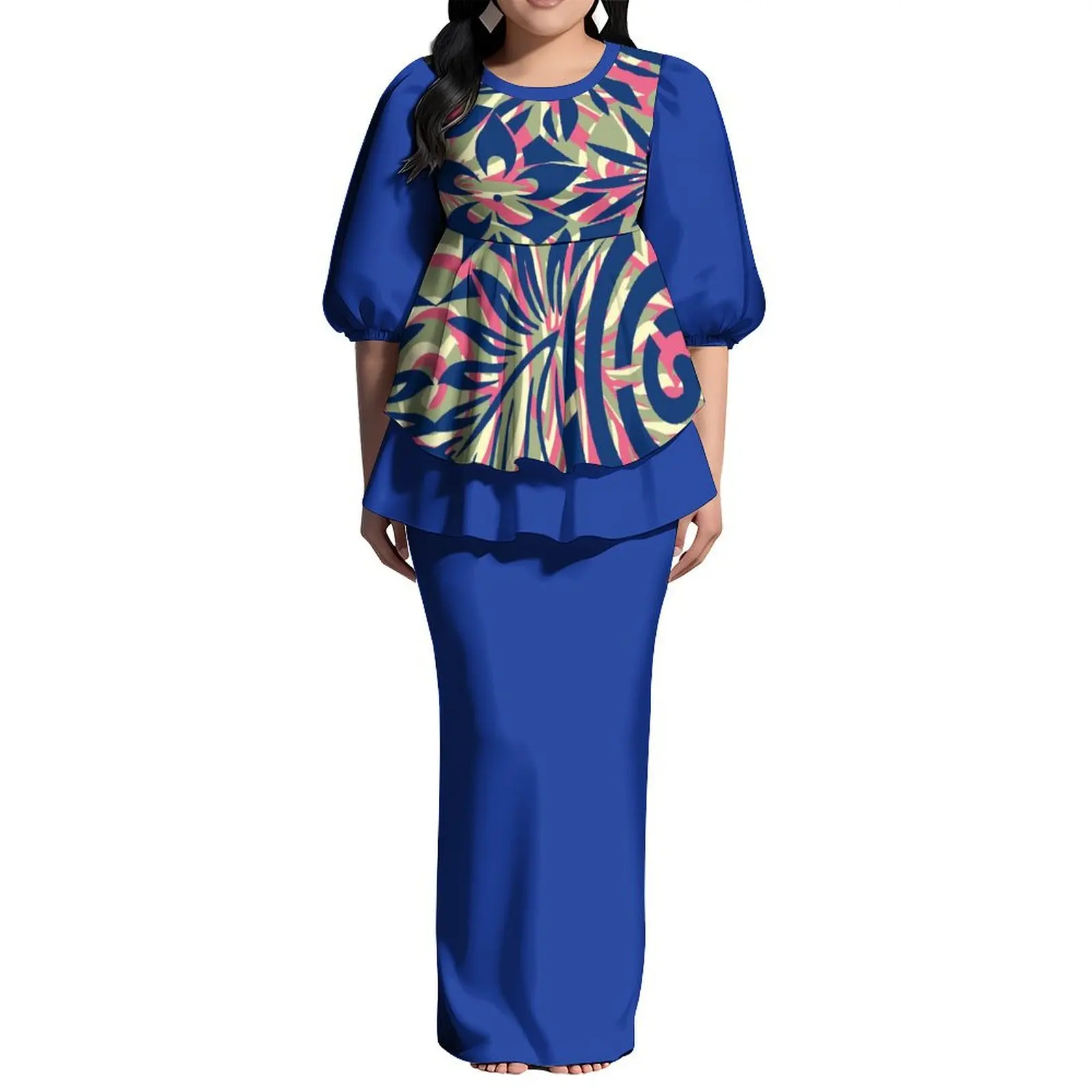 جزيرة المحيط الهادئ الفن تصميم مخصص سيدة الظهر الشق فستان ساموا نفخة الأكمام جولة الرقبة فستان بولينيزيا Puletasi فستان مكشكش 2 قطعة