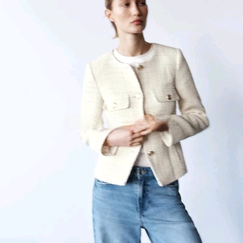 

Spring New Arrival Women's Casual Long Sve round Ne Texture Suit Jaet with oulder Pads Straight Cut Commute Sle