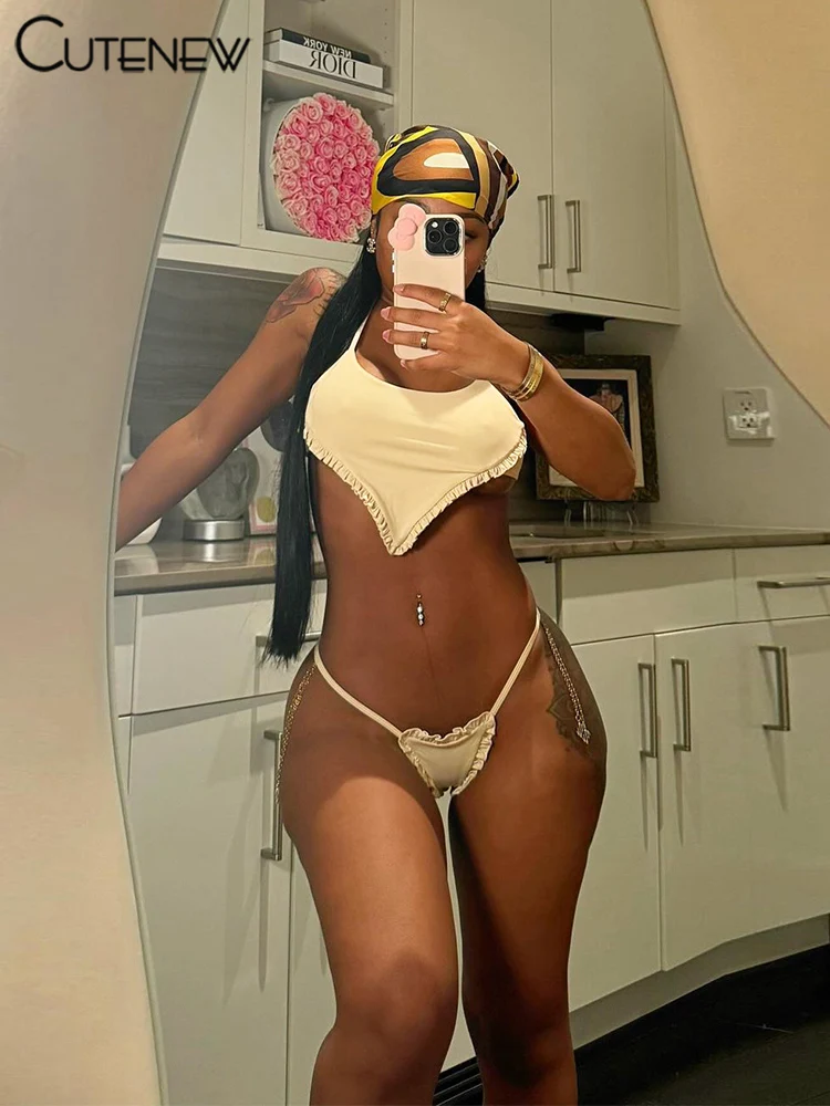 Cutenew Ruched تقليم 2 قطعة المرأة مثير الصلبة مذهلة ضمادة غير النظامية الدبابات كشكش كومة التنانير الصغيرة مع السراويل الشاطئ دعوى #3