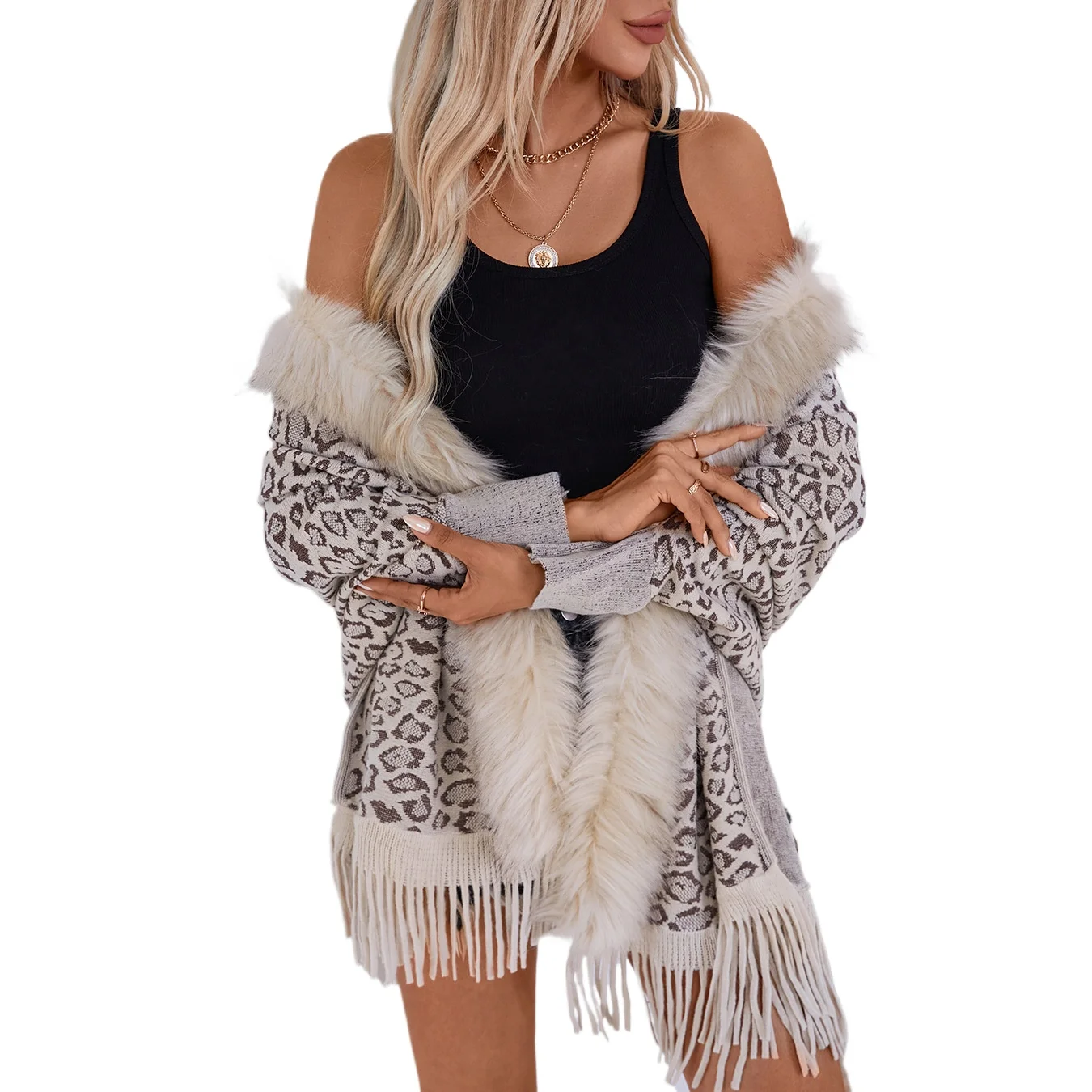 

Leopard print fur collar shawl knitted jacket autumn and winter new loose bat sleeve sweater cape cardigan girl