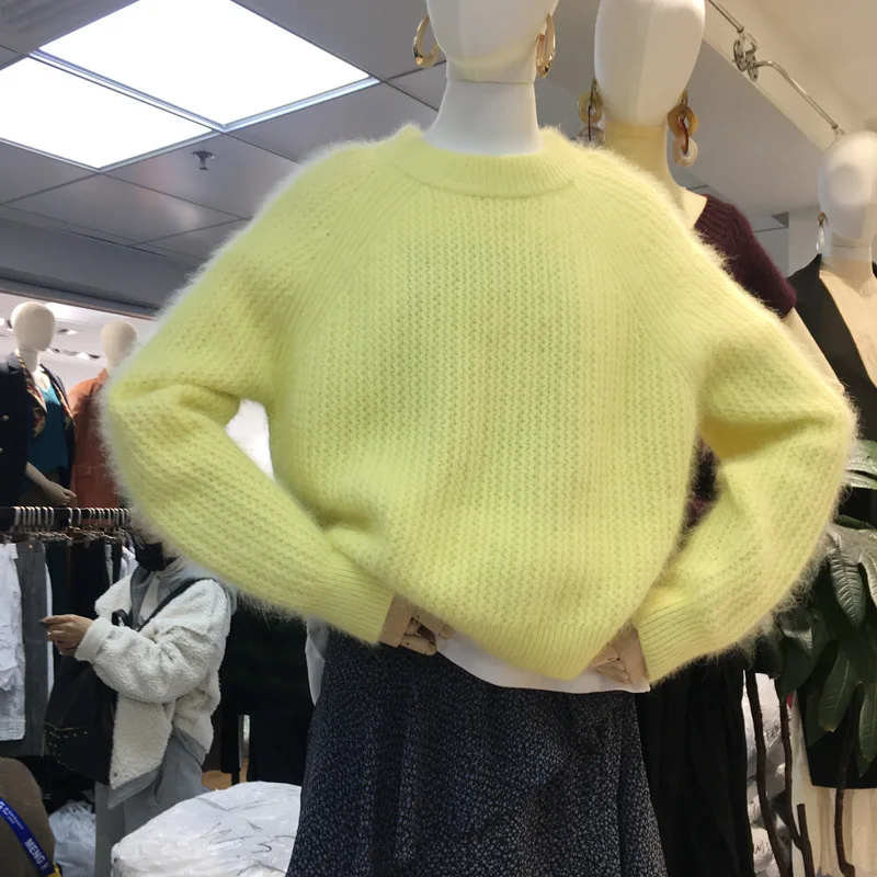 New Korean Autumn Winter Soft Yellow Mink Cashmere Jumper Pullover High Quality Women Mohair Knitted Thick Warm Loose Sweaters