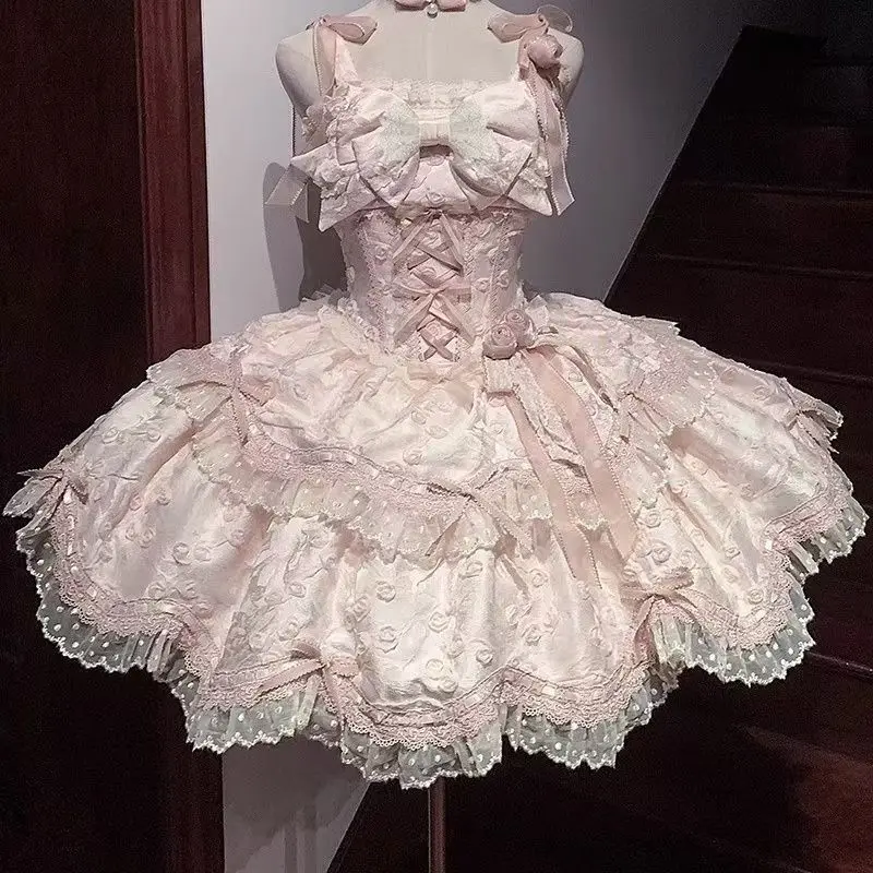 Sweet Light Blue Lolita JSK Dress Women Lace Ruffle Tiered Skirt Bow Decor Strap Vintage Princess Tea Party Kawaii Gothic Dress