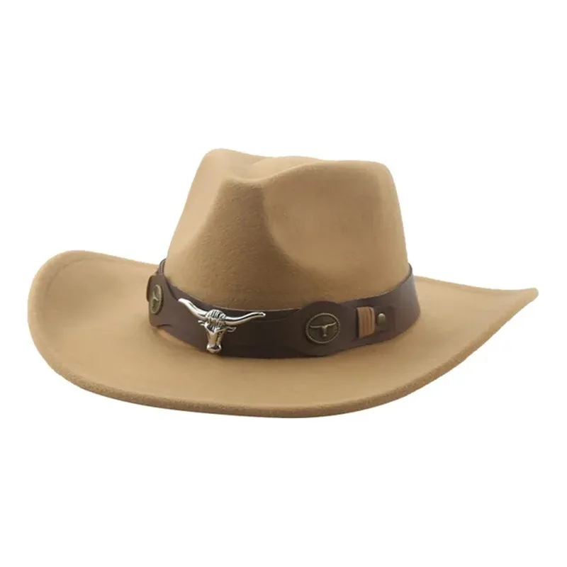 

Big Brim Cowboy Hat Rolled Brim Jazz Top Hat Western Cowboy European And American Knight Cow Head Belt Woolen Hat Tibetan Retro