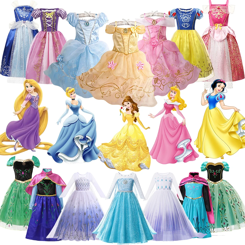 Disney Princess Dress Belle Auror Cinderella Rapunzel Sofia Snow White Elsa Anna Peach Cosplay Xmas Costumes Disney Girl Dresses