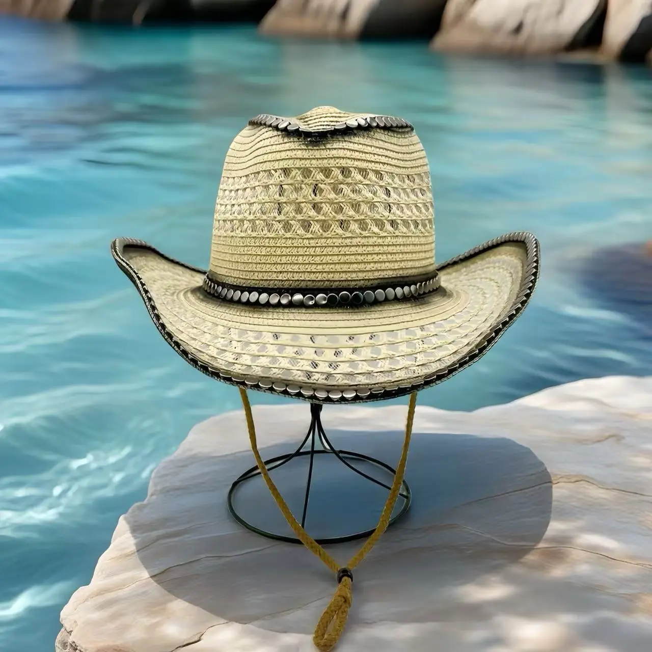 ラインストーンカウボーイハットわら太陽の帽子女性男性用ビーチヴィンテージウエスタンカウガールパーティーサマーフェスティバルカントリーミュージックヘッドウェア