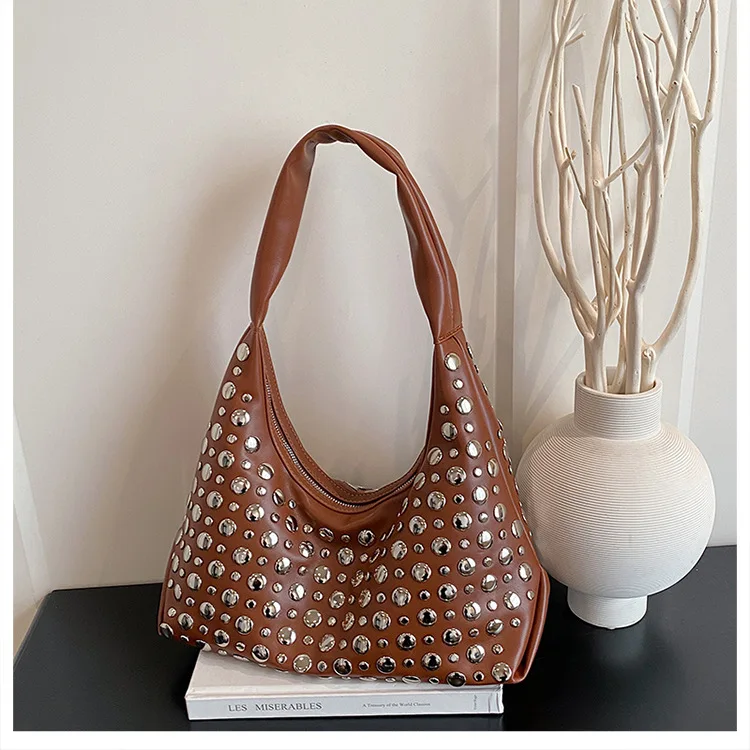 

2025 Studded Underarm Dumpling Bag, Women's Luxe Spacious Shoulder Purse, Day to Night Crossbody, Commuter Top Handle Tote