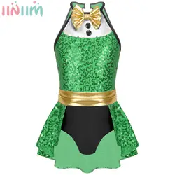 Kids Girls Christmas Bodysuit Xmas Halloween Carnival Party Circus Cosplay Costume Sleeveless Shiny Sequin Bowknot Leotard Dress