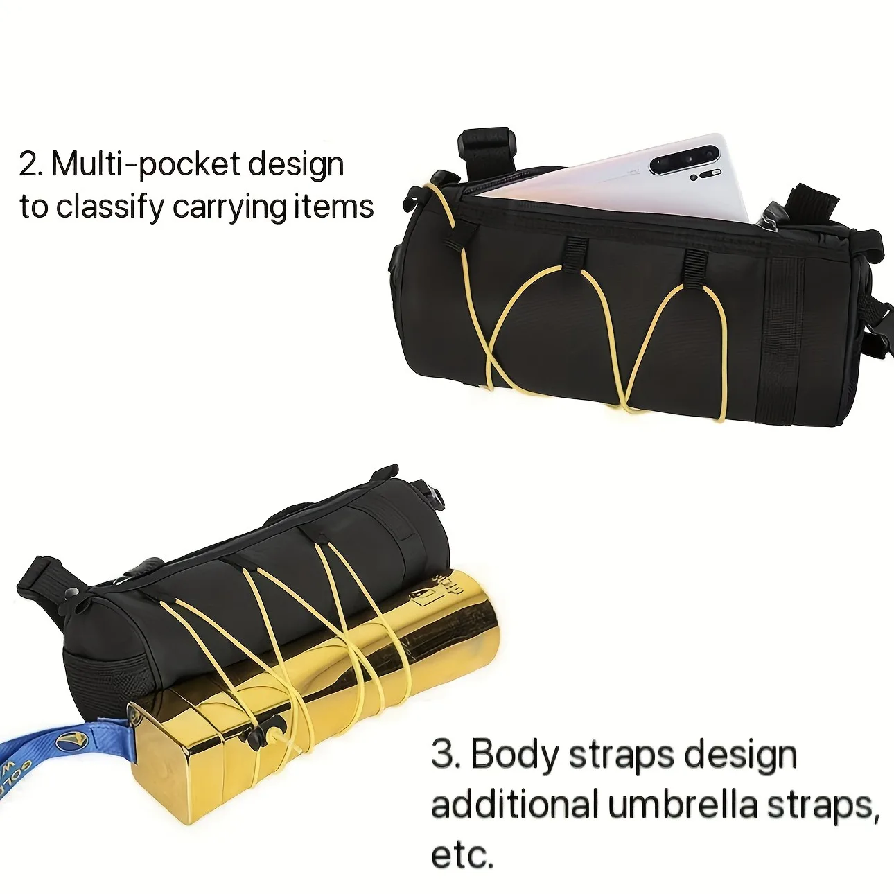 Large Capacity Adjustable Bicycle Handlebar Bag - Black Multi-Compartment Front Frame Tube Bag with Handlebar Mount, for Cycling