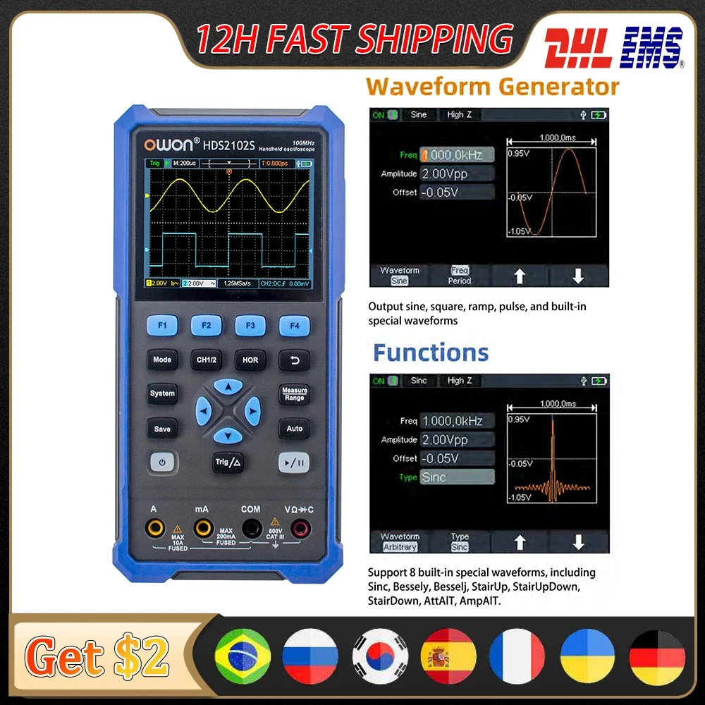 OWON HDS2202S Digital Oscilloscope 1GSa/s 200MHz Bandwidth Osciloscopio HDS2102S HDS272S HDS242S 2CH + 1CH Generator Multimeter