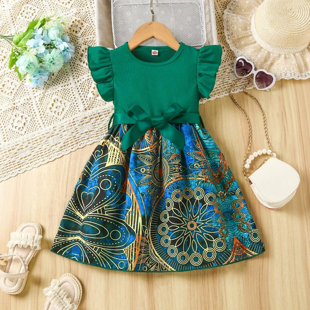 Summer Girls' Round neck Peacock print Fashionable Dress suitable for Casual Dresses for Girls aged 2-7 Years