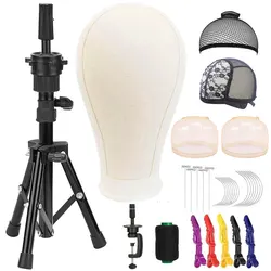 21-24Inch Wig Stand Tripod With Head, Canvas Wig Head For Wigs Making Display Styling, Mannequin Head Set With Wig Caps