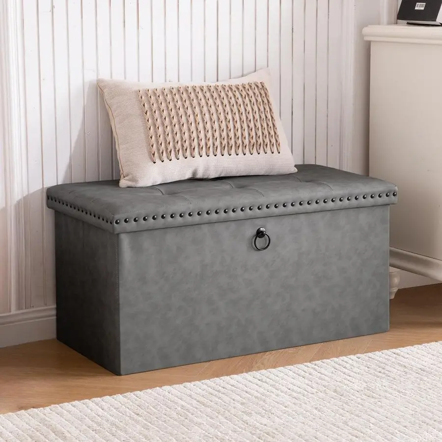 Inches Folding Storage Ottoman Bench, Leather End of Bed Foot Rest Stools with Button Tufted Rivet Design, Ottoman with Padded S