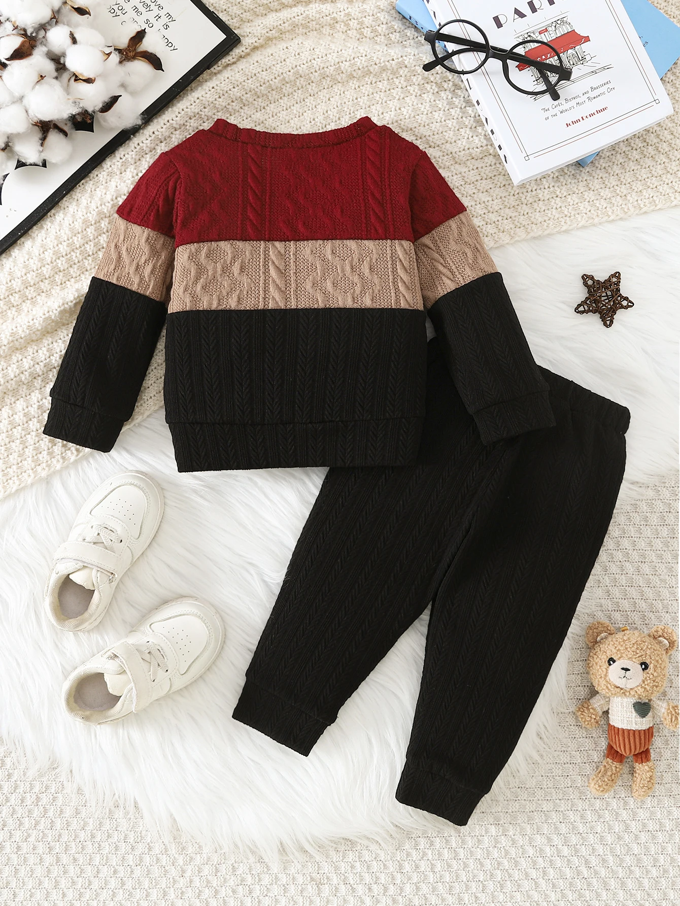 Autumn Winter Toddler Outfit Color Block Bear Knit Sweater Set Soft Warm Knit Fabric Retro Preppy Style 2-Piece Kids Clothes
