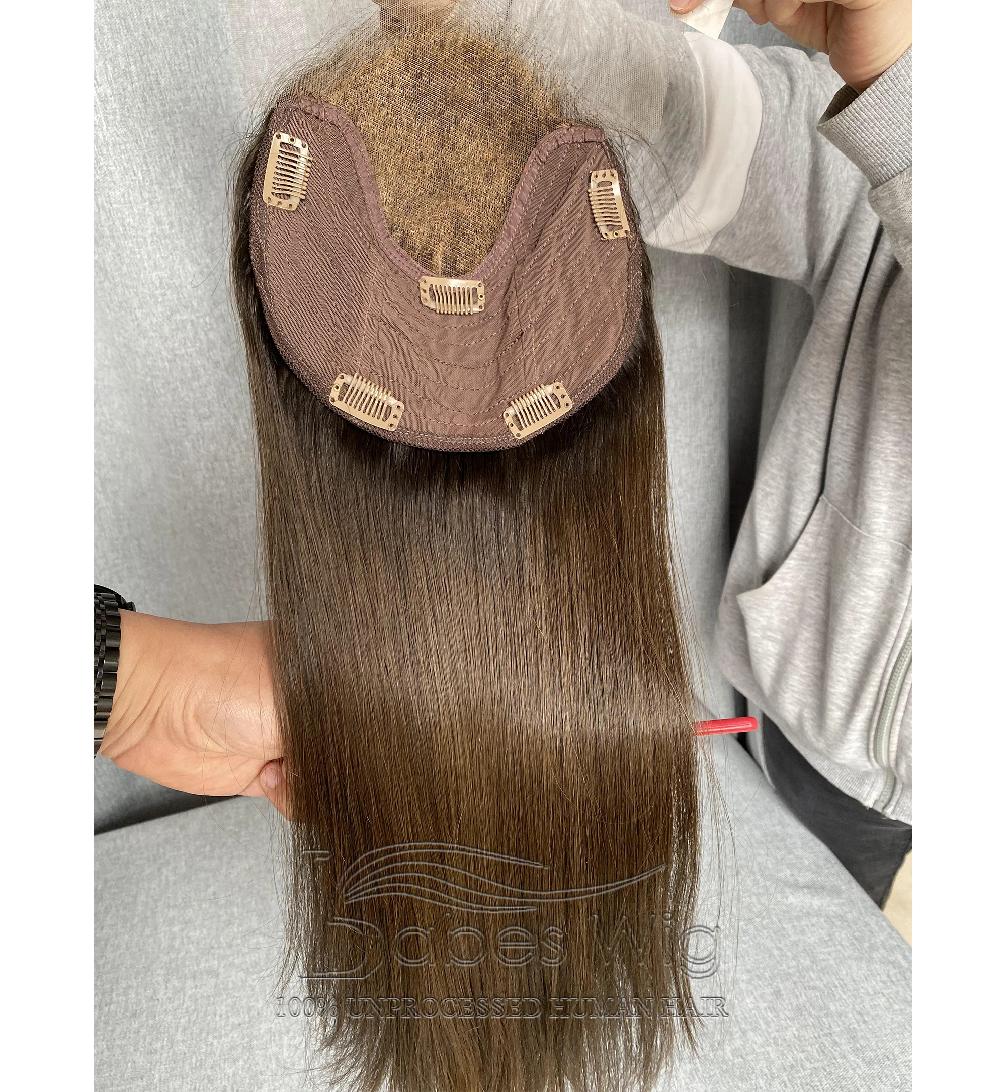 9*9 Burnette Brown Straight Breathable Human Hair Lace Topper for White Women with Thinning Crown Hair Toupee Hairpiece Half Wig