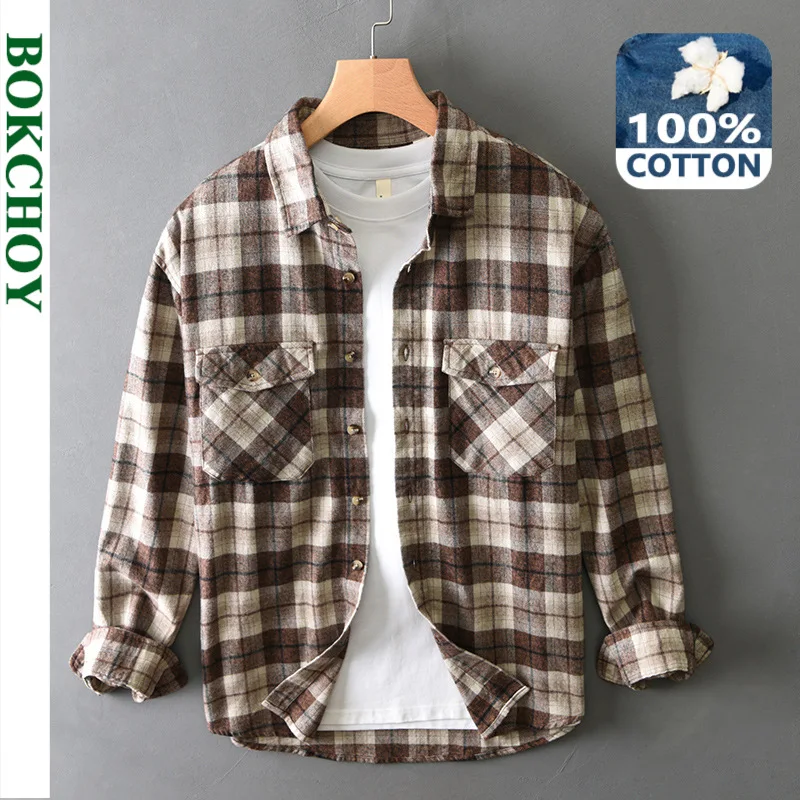 2024 Autumn Winter New Loose Vintage Plaid 100% Cotton Shirts for Men Clothing Cargo Big Pockets Men Shirts AZT724