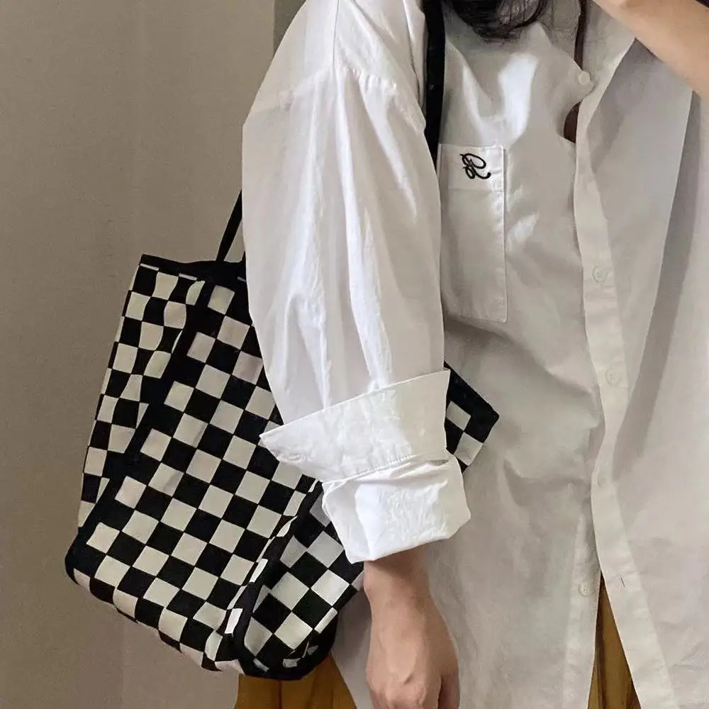 Women Tote Bag Canvas Plaid Checkerboard Shoulder Bag Purses And Handbags High-Capacity Girls Bag Simple