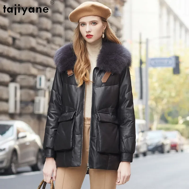 Tajiyane echte Schaffell Lederjacke Frauen echten Fuchs Pelz kragen Luxus Winter 90% weiße Gänse daunen Mäntel Out wears Ropa Mujer