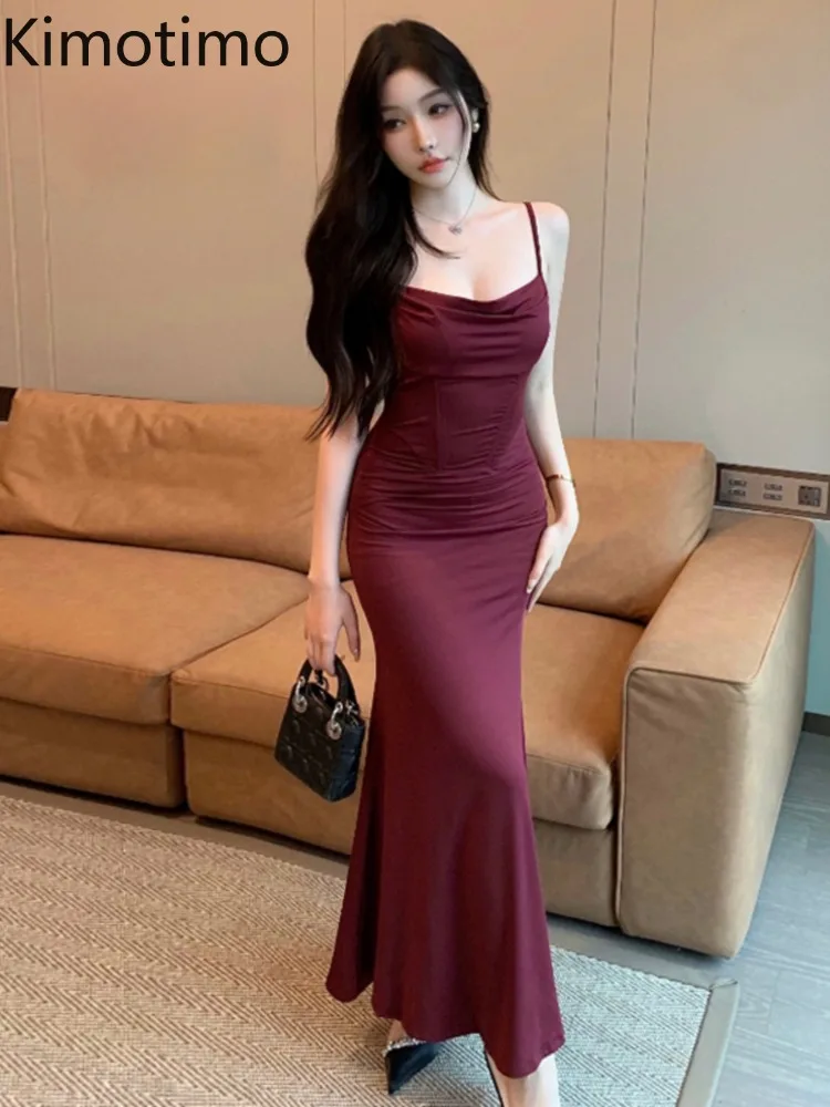 Kimotimo Temperament Spaghetti Strap Evening Dress Women Summer Sexy Low Cut Waist Slim Mermaid Bottomed Long Dresses Elegant