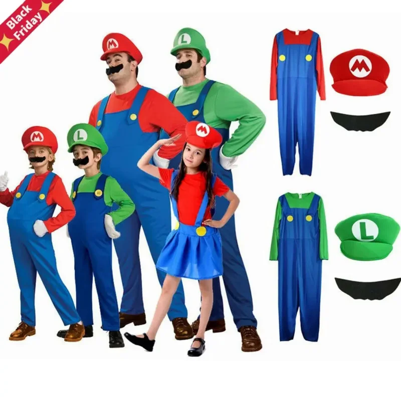 

Carnival Super Bros Luigi Brother Cosplay Costume Children Family Funny Luigi Plumber Purim Adult Kid Party Fancy Dress