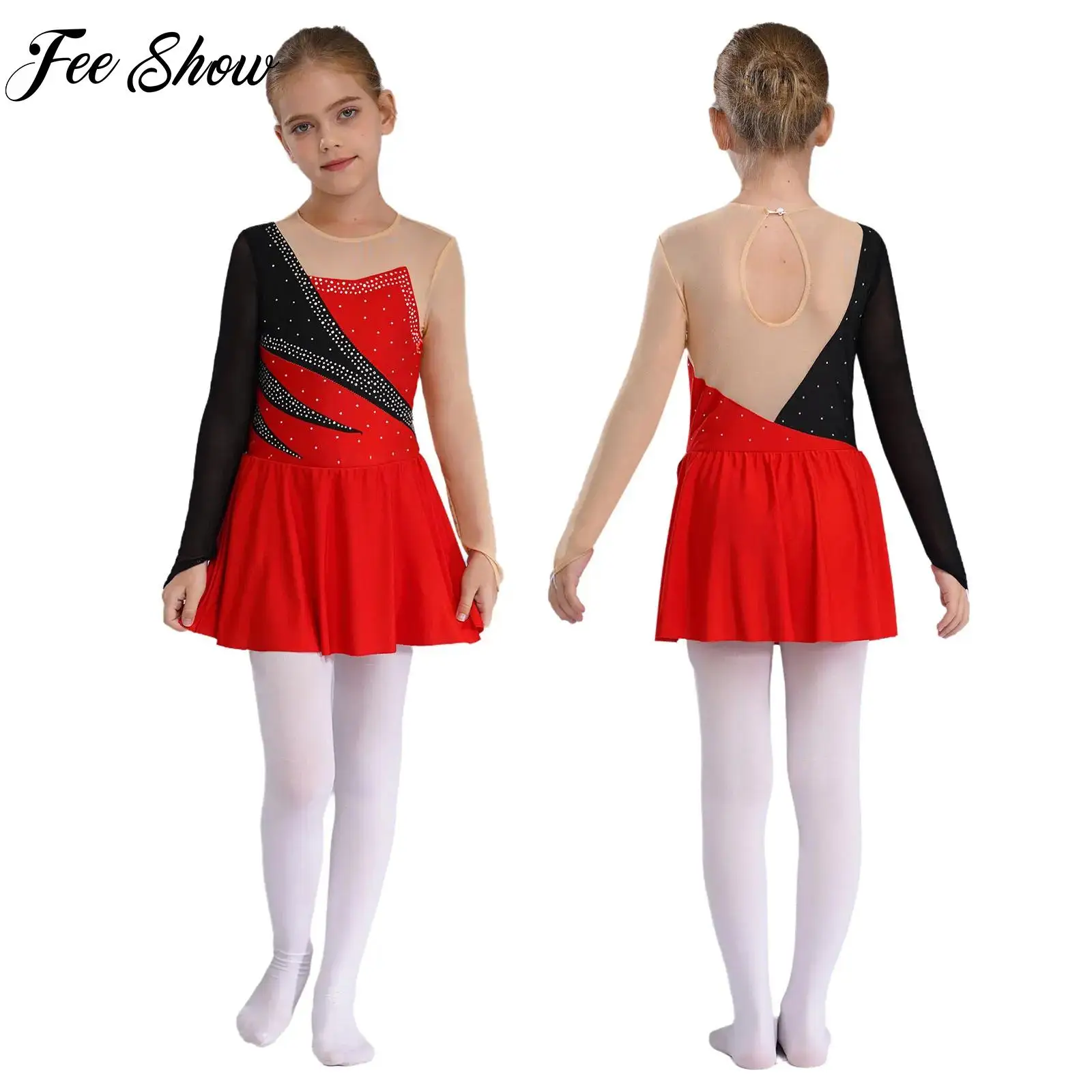 

New Kids Girl Long Sleeve Gymnastics Leotard Dress Shiny Rhinestone Hollow Back Skating Dance Performance Party Dress Dancewear