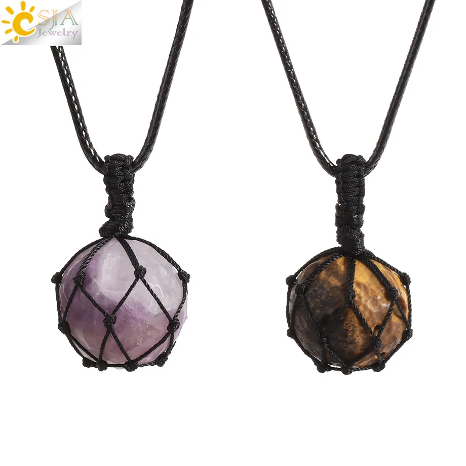 CSJA Natural Stone Universe Planet Necklace for Man Women Pendant Yoga Energy Woven Net Dream 25mm Crystal Male Necklaces H252