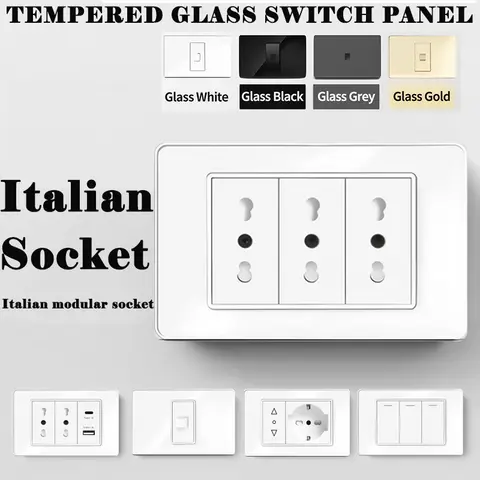White Tempered GlassType Wall Switch Socket Italian Chilean Plug USB Type-C 20W Fast Charging Dual USB for Home Office