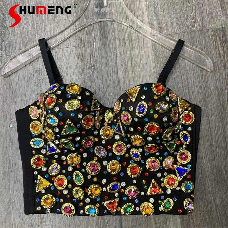 

Fashion Colorful Triangle Oval Rhinestone Small Vests All-Match Retro Trendy Camisole Sexy Hot Girl Tops Women's Clothes