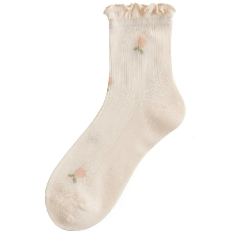5 pairs of ultra-thin breathable mid-calf socks with spring and summer fruit patterns, versatile mesh socks