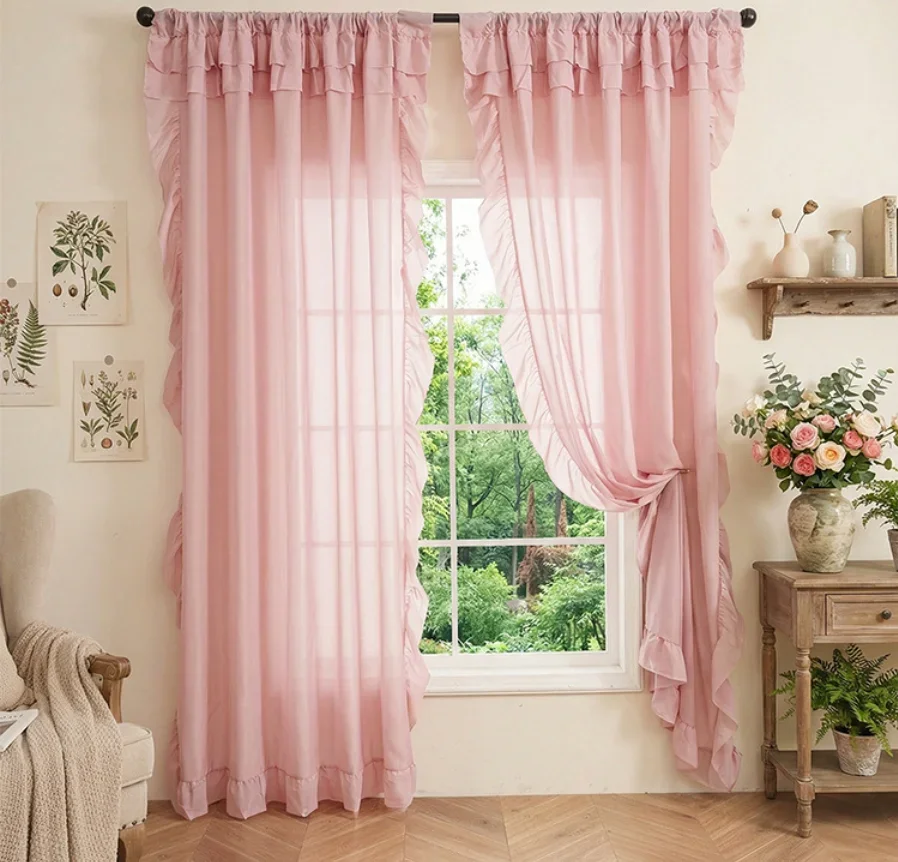 Romantic Pink Ruffle Sheer Curtain, Boho Rod Pocket Tulle Voile Window Curtain, Light Filtering Semi-Sheer Drape for Girls Room
