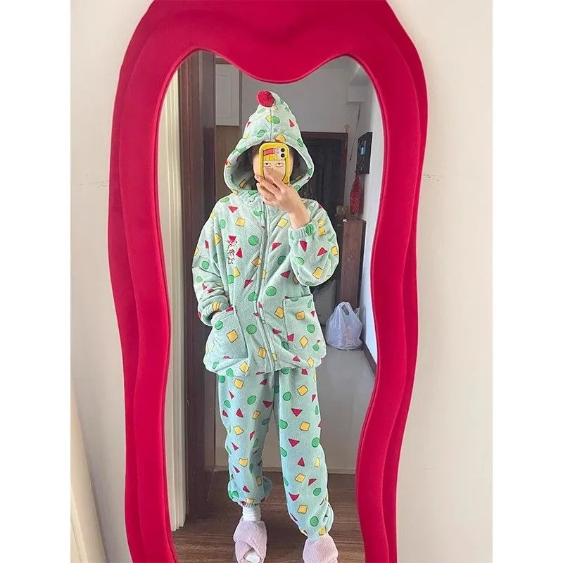 Girls Cute Crayon Shin-chan Coral Fleece Pajamas Womens Winter New Anime Kawaii Thickened Warm Home Clothing Two-piece Set Gifts