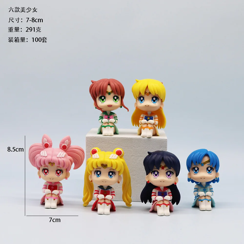 6pcs/set Sailor Moon Anime Figure Sitting Posture Mini Tsukino Usagi Beautiful Girl Model Desktop Ornament Charm Hobby Toys