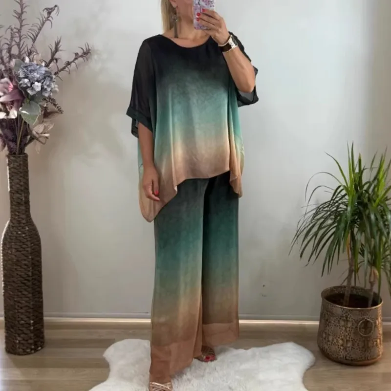 

Spring Summer Fashion Printed Loose Two Piece Sets Women's O-neck Short Sleeved Top & Wide Leg Pants Casual Set Street Outfits