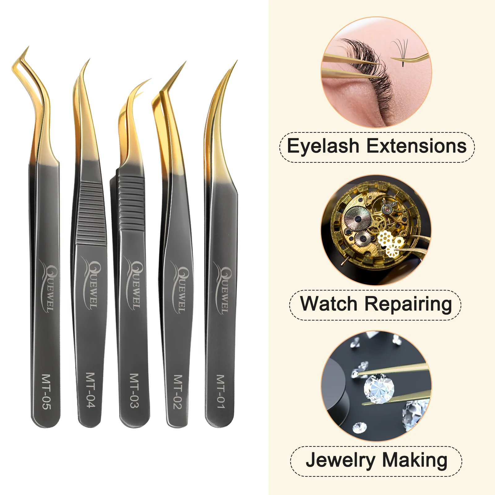 Quewel 5 Pcs/Set Eyelashes Tweezers Stainless Steel High Quality Precision Anti-static 3D Tweezers False Eyelash Makeup Tools