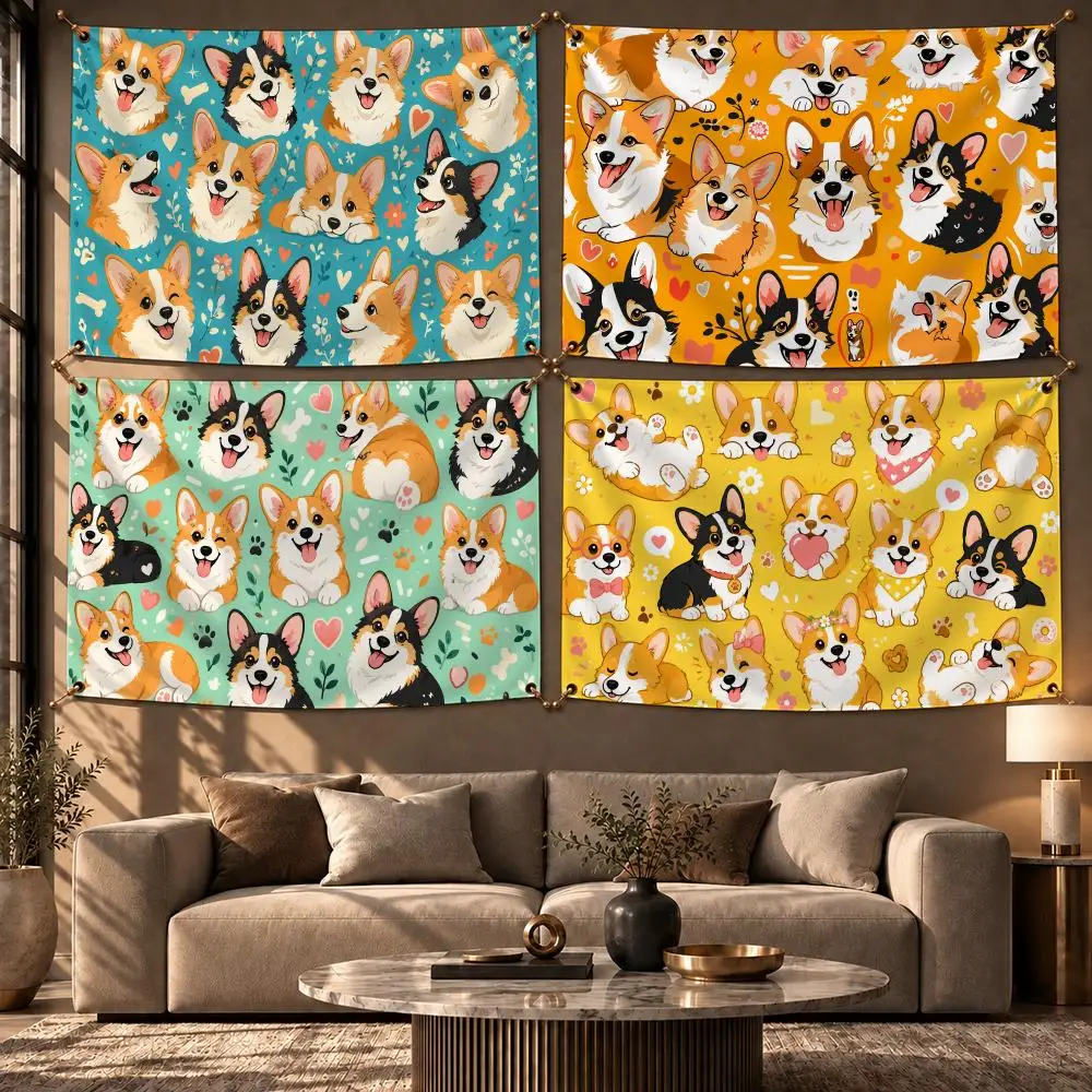 Cute Animal Corgi Flags Wall Hanging Flag Banner Home Decor Aesthetic Living Room Bedroom HD Fabric
