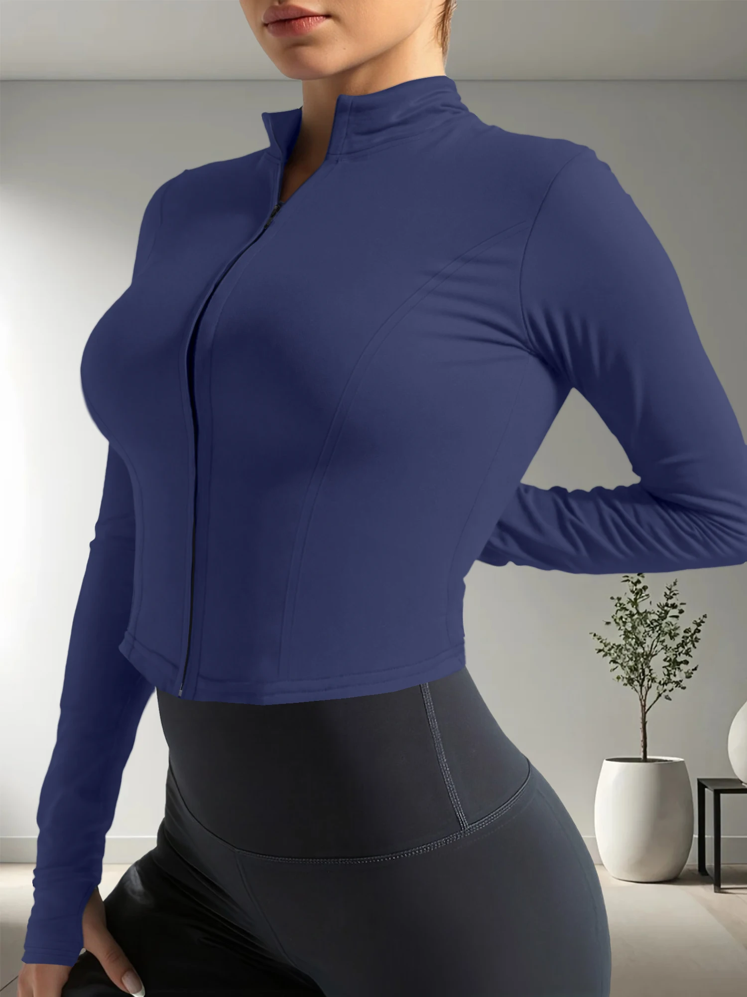 

European and American Style Women's Slim Fit Zip Jacket Stand Collar Cropped Tight Long Sleeve Top High Elastic Comfortable