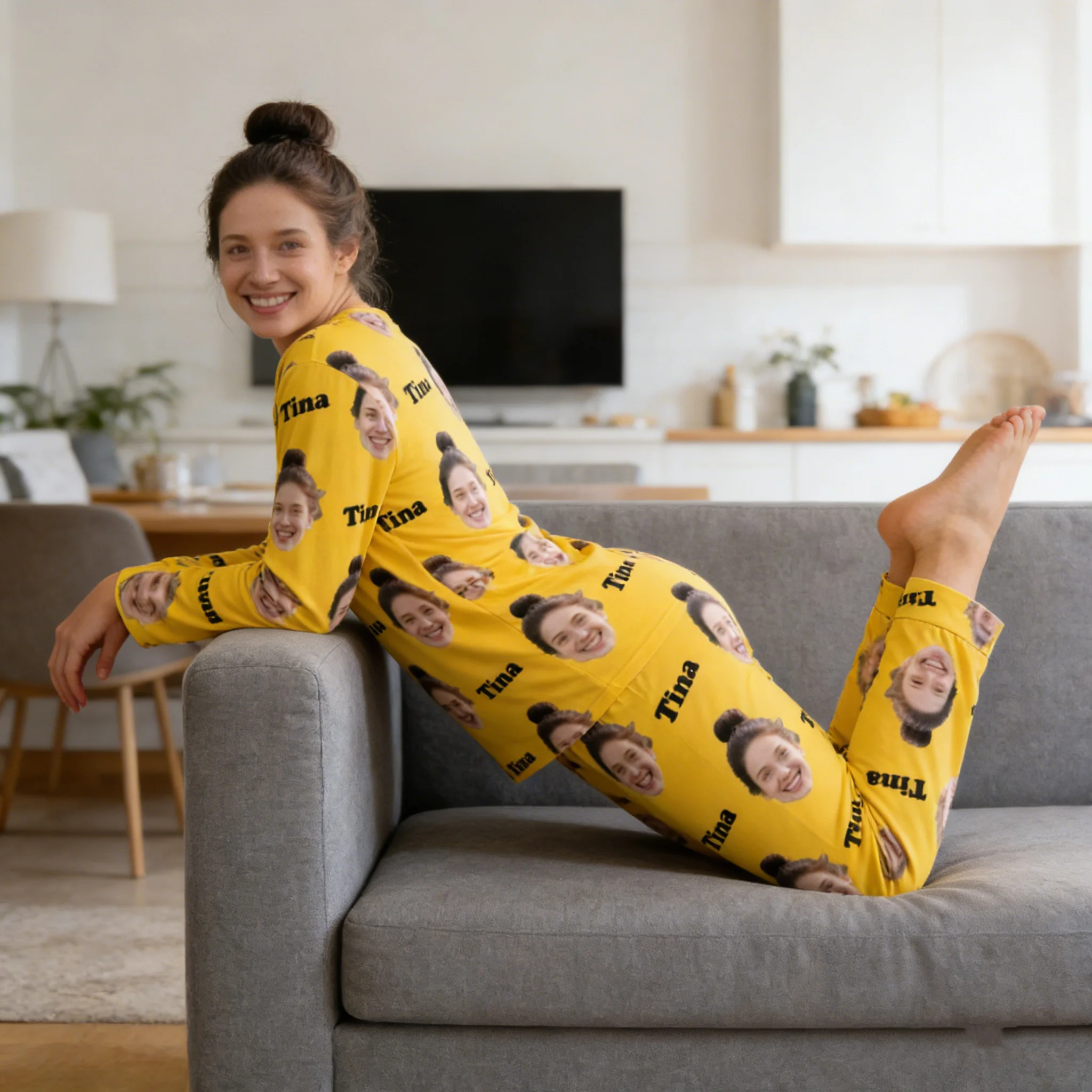 Benutzerdefiniertes Pyjama-Set mit Rundhalsausschnitt, personalisierte Bilder und Textgeschenke, Paare, Ehefrauen, Freunde, Haustiere, Familie