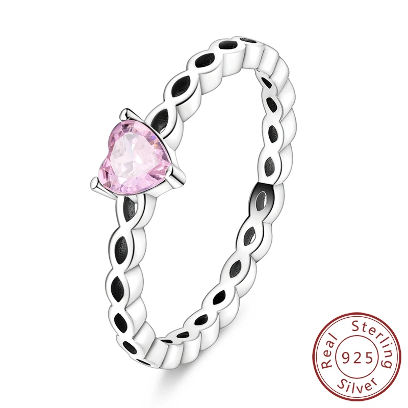 

Simple 100% 925 Sterling Silver Infinite & Pink Heart Ring For Girl Sweet Dating Jewelry Ring Marching